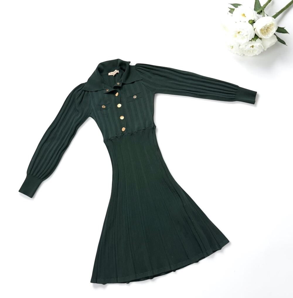 Nanette Lepore Dress Green Ribbed Stretch Long Sleeve Size Small Buttons 4063/14